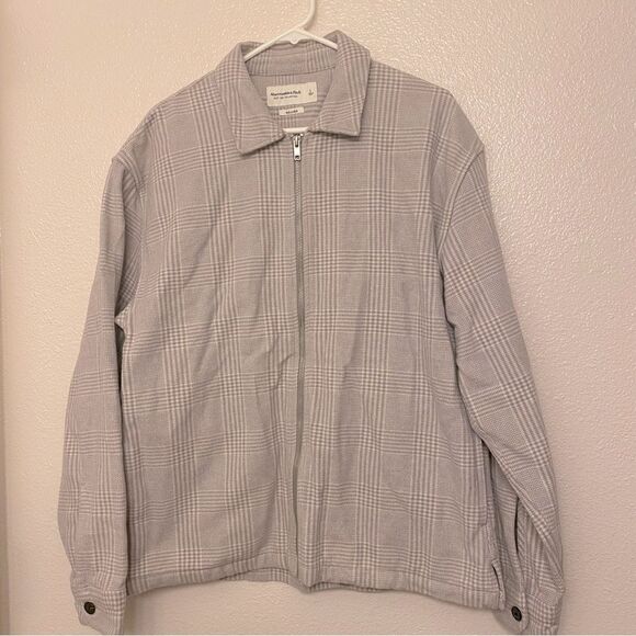 Abercrombie & fitch soft AF plaid full zip jacket gray plaid cotton relaxed L - Picture 2 of 12